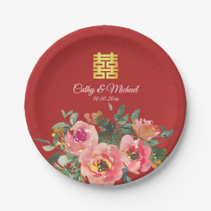 Peony floral double happiness Chinese wedding red  Paper Plate