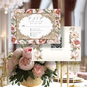 Peony Floral Elegant Gold Pink and Ivory Wedding RSVP Card