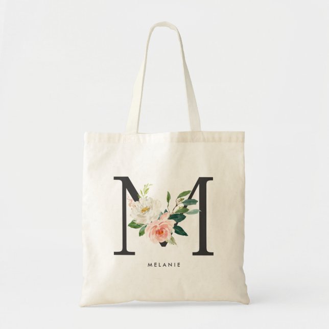 Peony Floral Letter M Black Monogram Bridesmaid Tote Bag (Front)