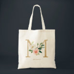 Peony Floral Letter M Gold Monogram Bridesmaid Tote Bag<br><div class="desc">Floral letter M monogram tote bag features watercolor floral bouquet of white and blush pink peonies and roses, greenery accent and faux gold foil letter. This letter M floral bridesmaid monogram tote bag is perfect for weddings, showers, birthdays and so much more. Personalize by adding names or a short phrase....</div>
