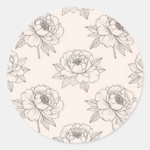 Peony Floral Line Art Pattern Soft Classic Round Sticker