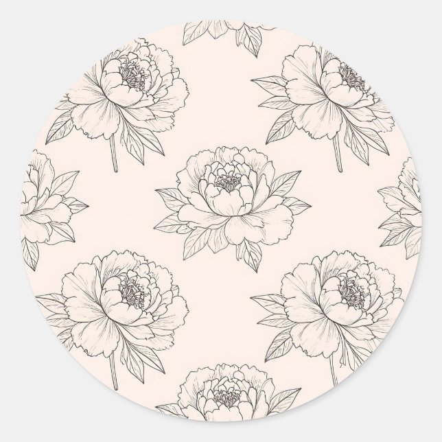 Peony Floral Line Art Pattern Soft Classic Round Sticker (Front)