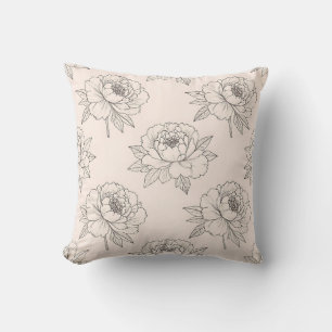 Peony Floral Line Art Pattern Soft Throw Pillow