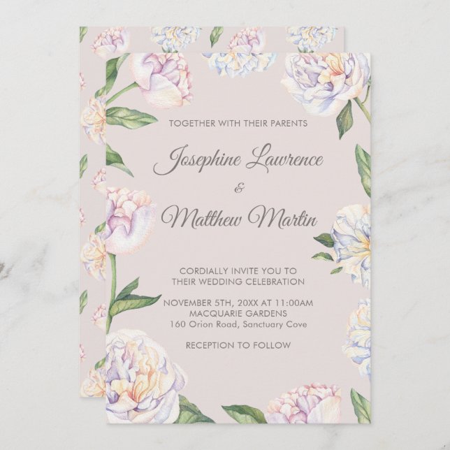 Peony Floral Mauve Mariage Invitations (Devant / Derrière)