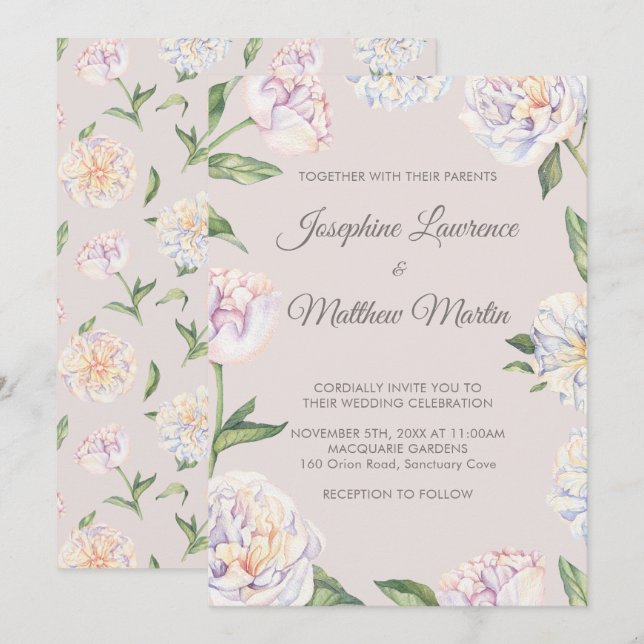 Peony Floral Mauve Wedding Invitations (Front/Back)