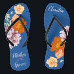 Peony Floral Mother of the Groom Blue Wedding  Flip Flops<br><div class="desc">This desirable pair of flip flops features retro aesthetic pattern of beautiful peony flowers on the blue background, and changeable typography "Mother of the groom". These personalized and elegant flip flops are a memorable gift for wedding party members: bride, bridesmaids, mother of the bride, maid of honour... They will add...</div>