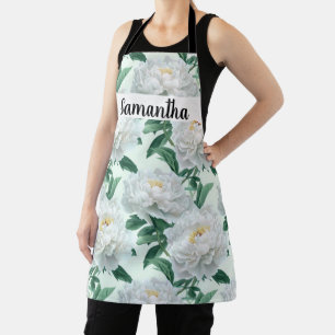Peony Floral Pattern White Personalized  Apron