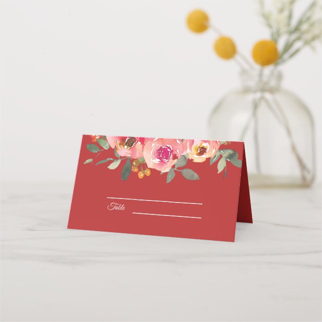 Peony floral red double happiness Chinese wedding  Place Card (Front)