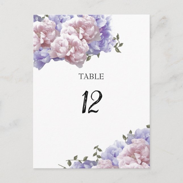 Peony Floral Table Seating Number Card (Front)
