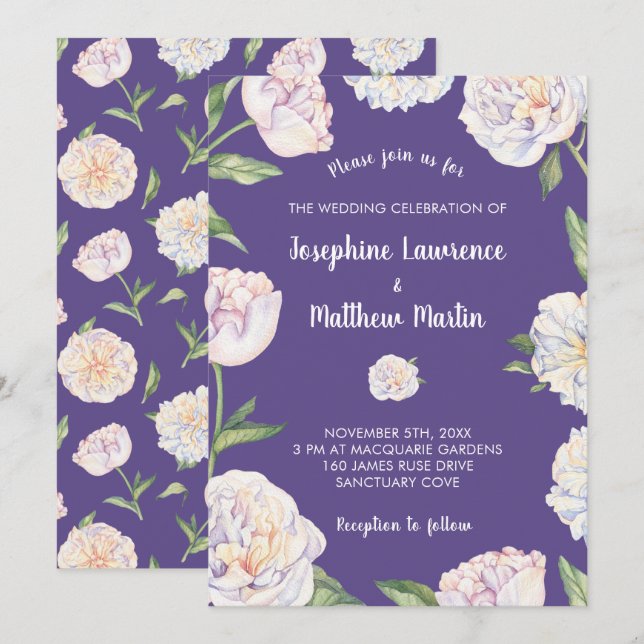 Peony Floral Violet Puple Wedding Invitations (Front/Back)