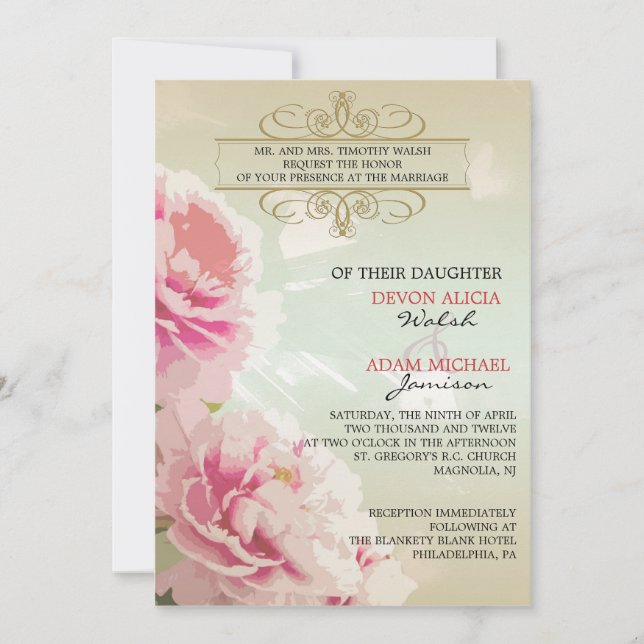 Peony Floral Wedding Invitation Pink, Green & Gold (Front)