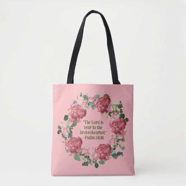 Peony Floral Wreath Encouraging Religious Quote Tote Bag (Front)