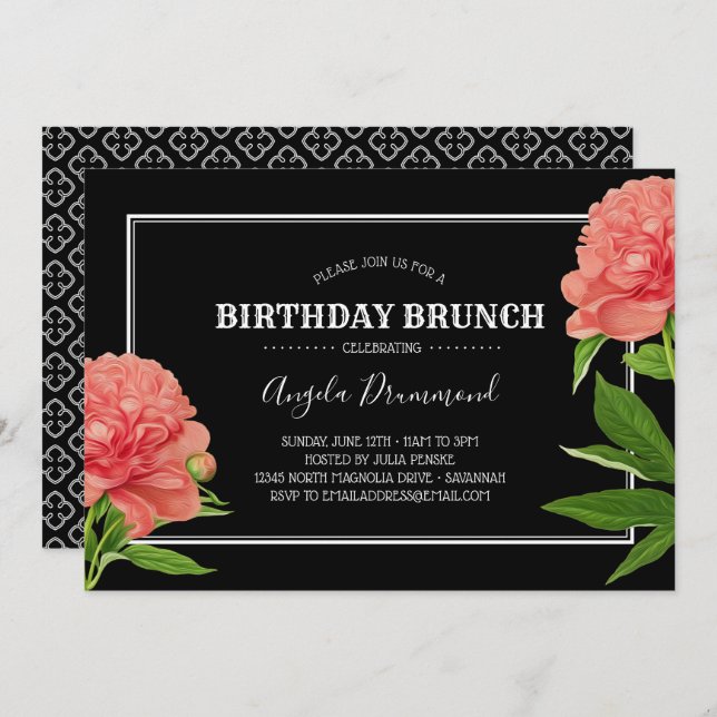 Peony Flower Birthday Brunch Black Invitation (Front/Back)