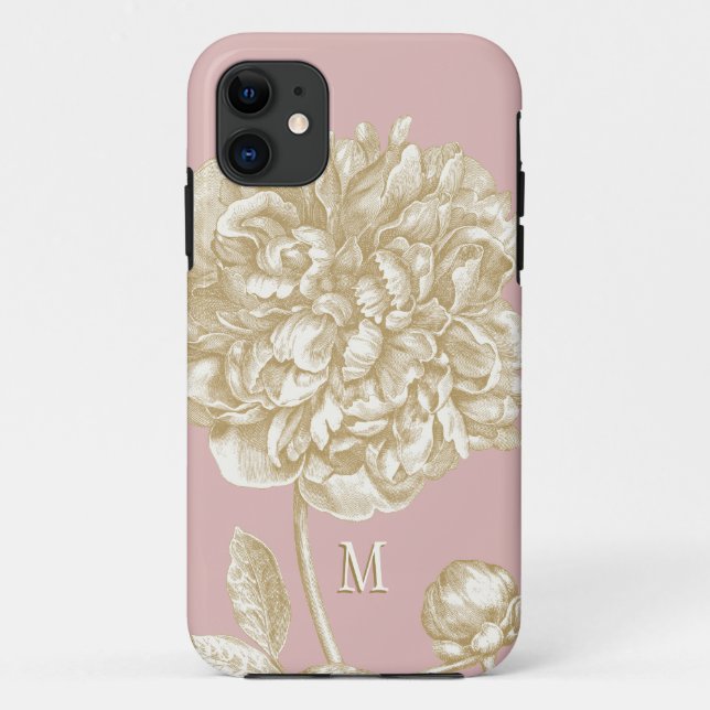 Peony Flower Botanical, Pink and Gold Monogrammed Case-Mate iPhone Case (Back)
