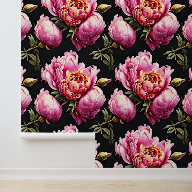 Peony flower pattern pink black green floral wallpaper (Application)