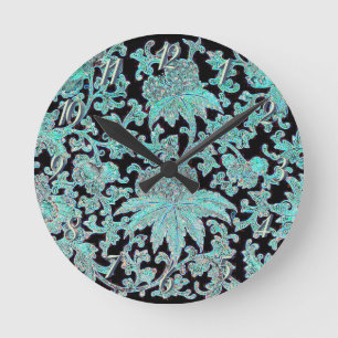 Peony flower turquoise and black round clock