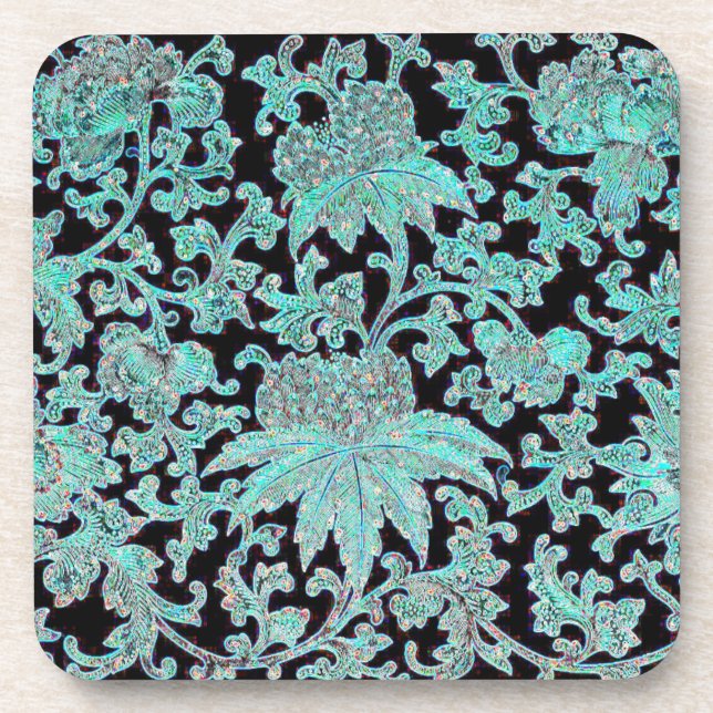 Peony flower turquoise black vintage pattern coaster (Front)