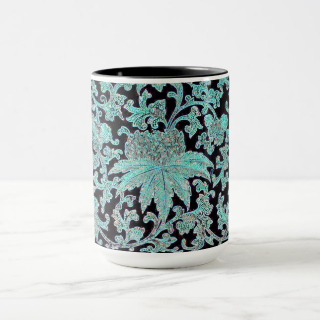 Peony flower turquoise black vintage pattern mug (Center)