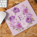 Peony Flower Wreath Watercolor Monogram Purple  Mouse Pad<br><div class="desc">This design may be personalized in the area provided by changing the photo and/or text. Or it can be customized by clicking Personalize this Template and then choosing the click to customize further option and delete or change the colour of the background, add text, change the text colour or style,...</div>