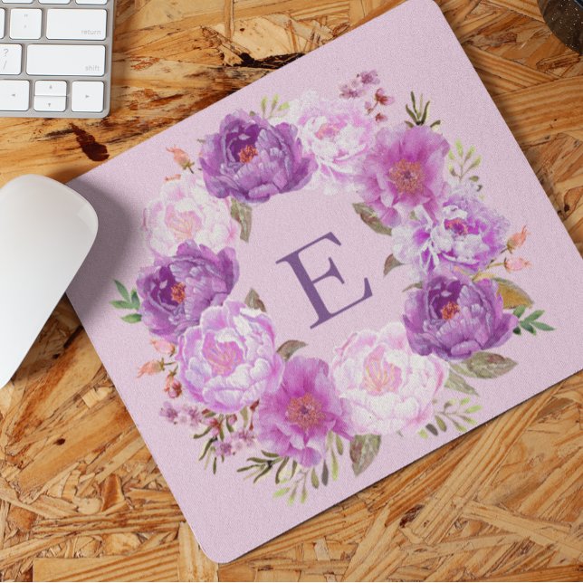 Peony Flower Wreath Watercolor Monogram Purple  Mouse Pad (Creator Uploaded)