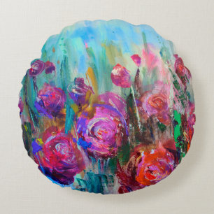 Peony flowering shrub, modern paintings, oil on ca round pillow