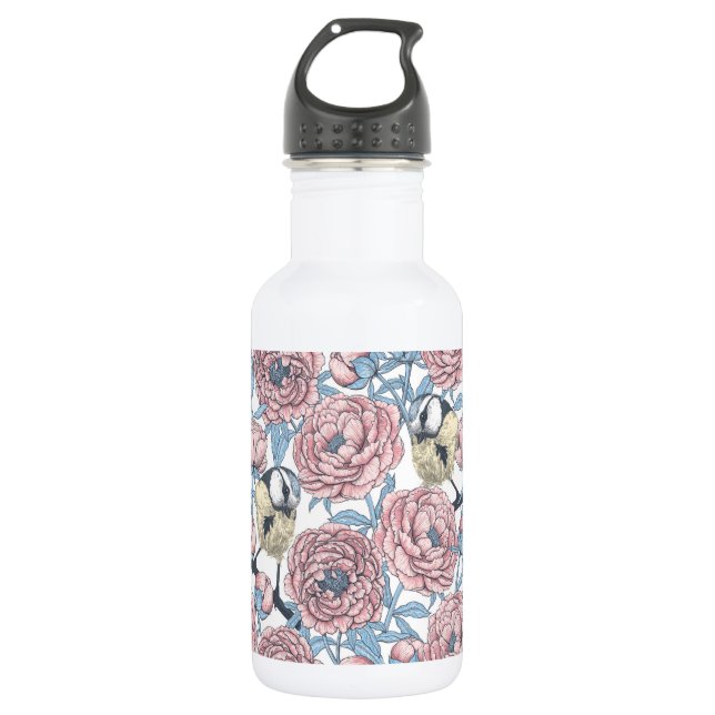 Peony flowers and birds 532 ml water bottle (Front)