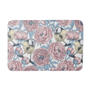 Peony flowers and birds bath mat