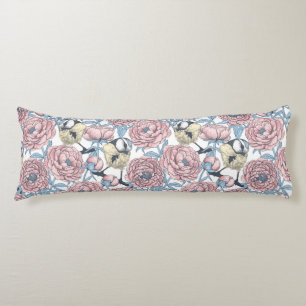 Peony flowers and birds body pillow