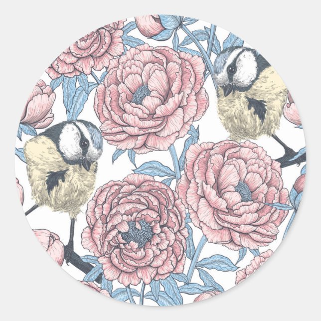Peony flowers and birds classic round sticker (Front)