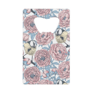 Peony flowers and birds credit card bottle opener