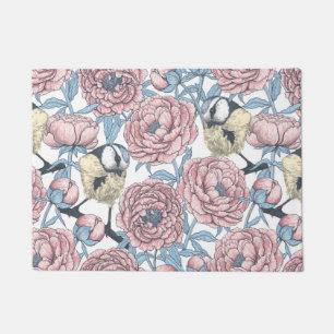 Peony flowers and birds doormat