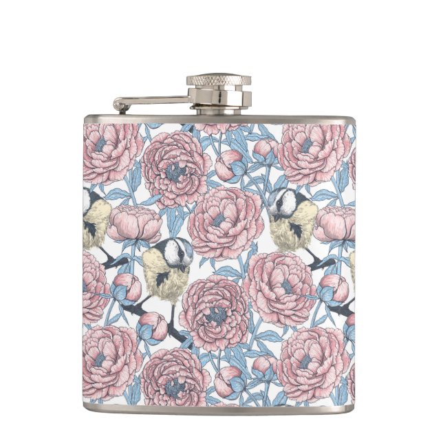 Peony flowers and birds hip flask (Front)