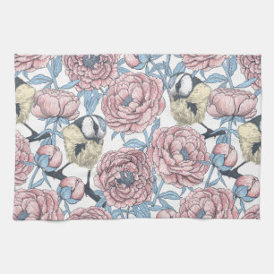 Peony flowers and birds kitchen towel