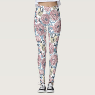 Peony flowers and birds leggings