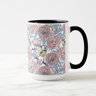 Peony flowers and birds mug