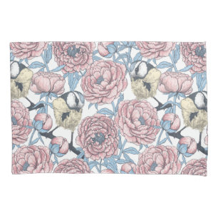 Peony flowers and birds pillowcase