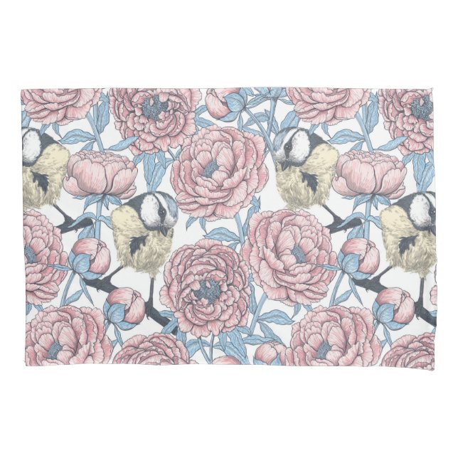 Peony flowers and birds pillowcase (Front)