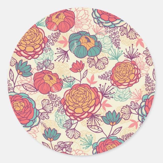 Peony flowers and leaves pattern classic round sticker (Front)