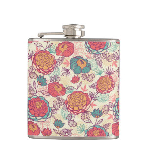 Peony flowers and leaves pattern hip flask