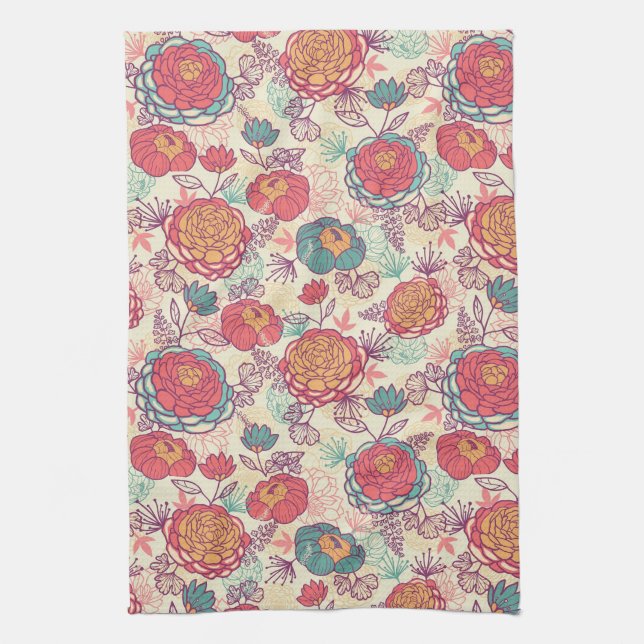 Peony flowers and leaves pattern kitchen towel (Vertical)