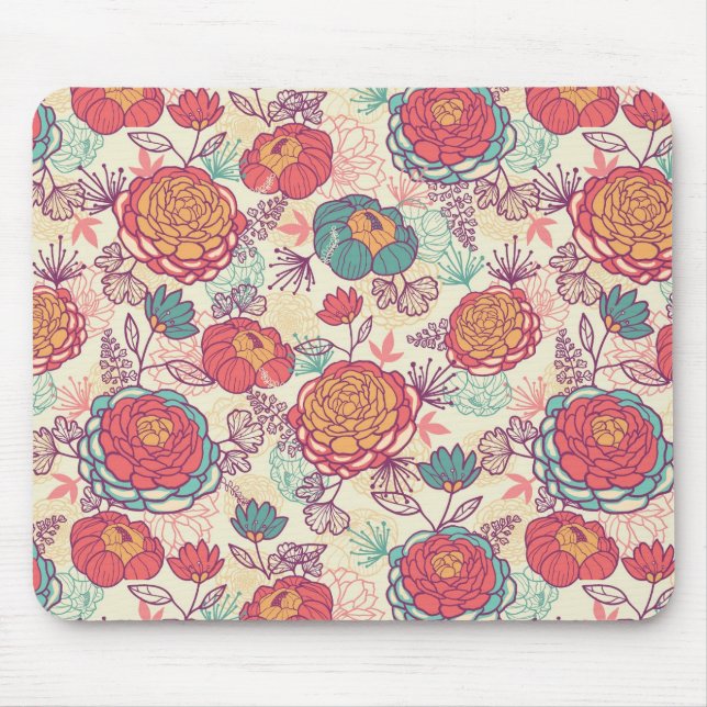 Peony flowers and leaves pattern mouse pad (Front)