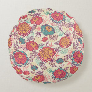 Peony flowers and leaves pattern round pillow