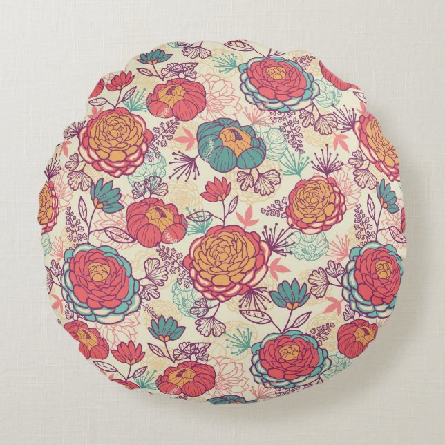 Peony flowers and leaves pattern round pillow (Front)