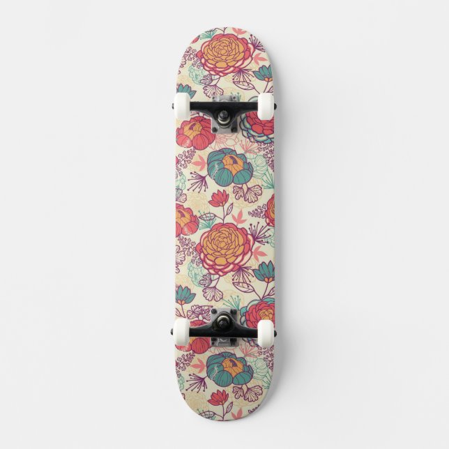 Peony flowers and leaves pattern skateboard (Front)