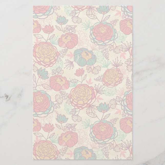 Peony flowers and leaves pattern stationery (Front)