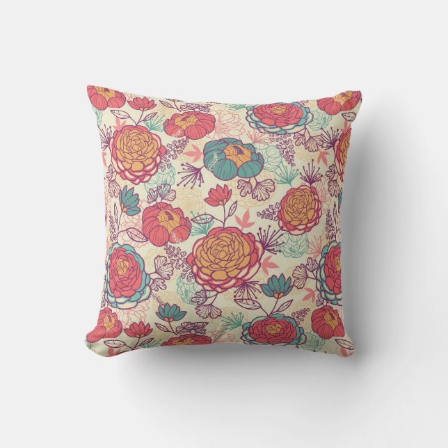 Peony flowers and leaves pattern throw pillow (Front)