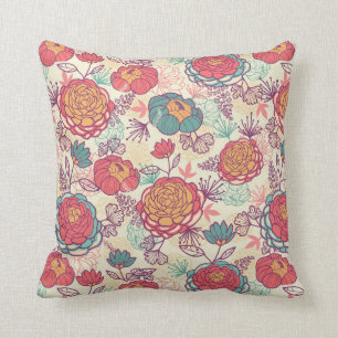 Peony flowers and leaves pattern throw pillow