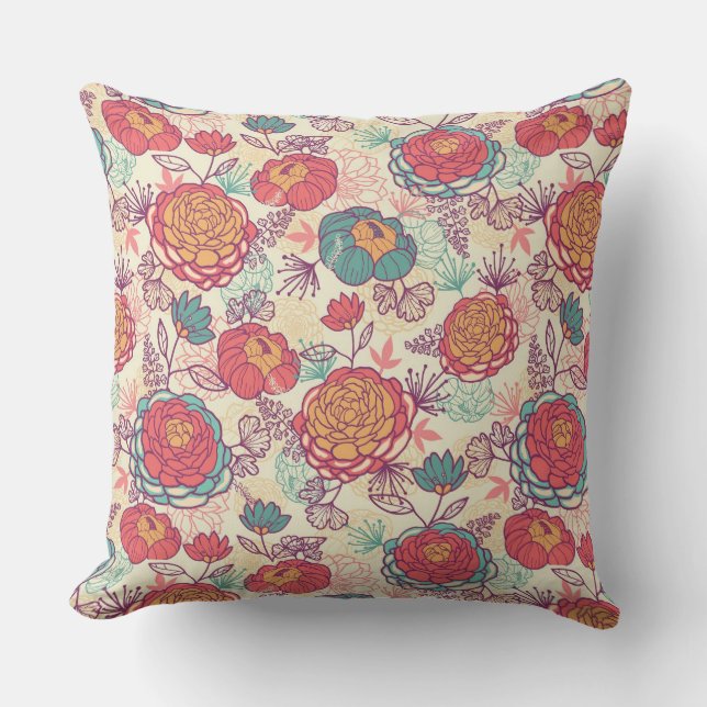 Peony flowers and leaves pattern throw pillow (Front)