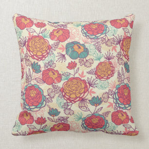 Peony flowers and leaves pattern throw pillow