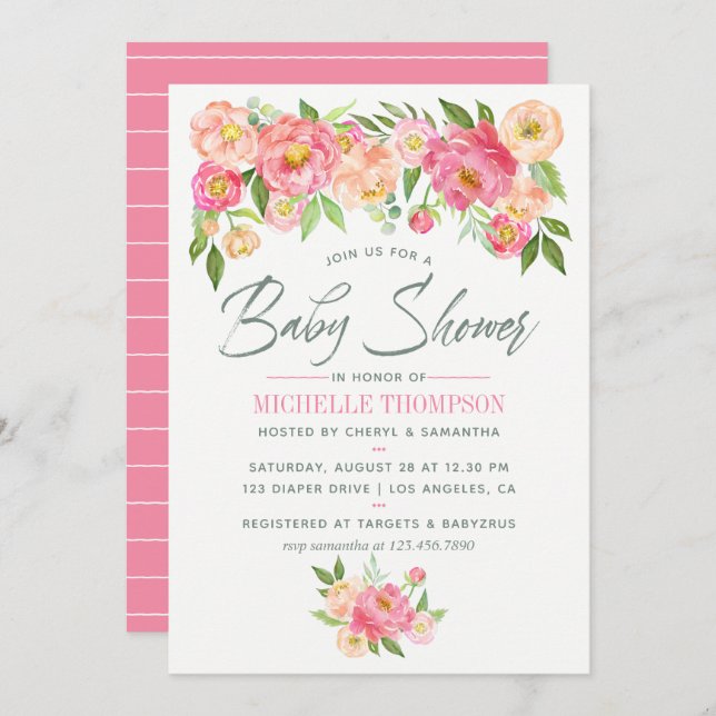 Peony flowers Baby Shower invitation (Front/Back)